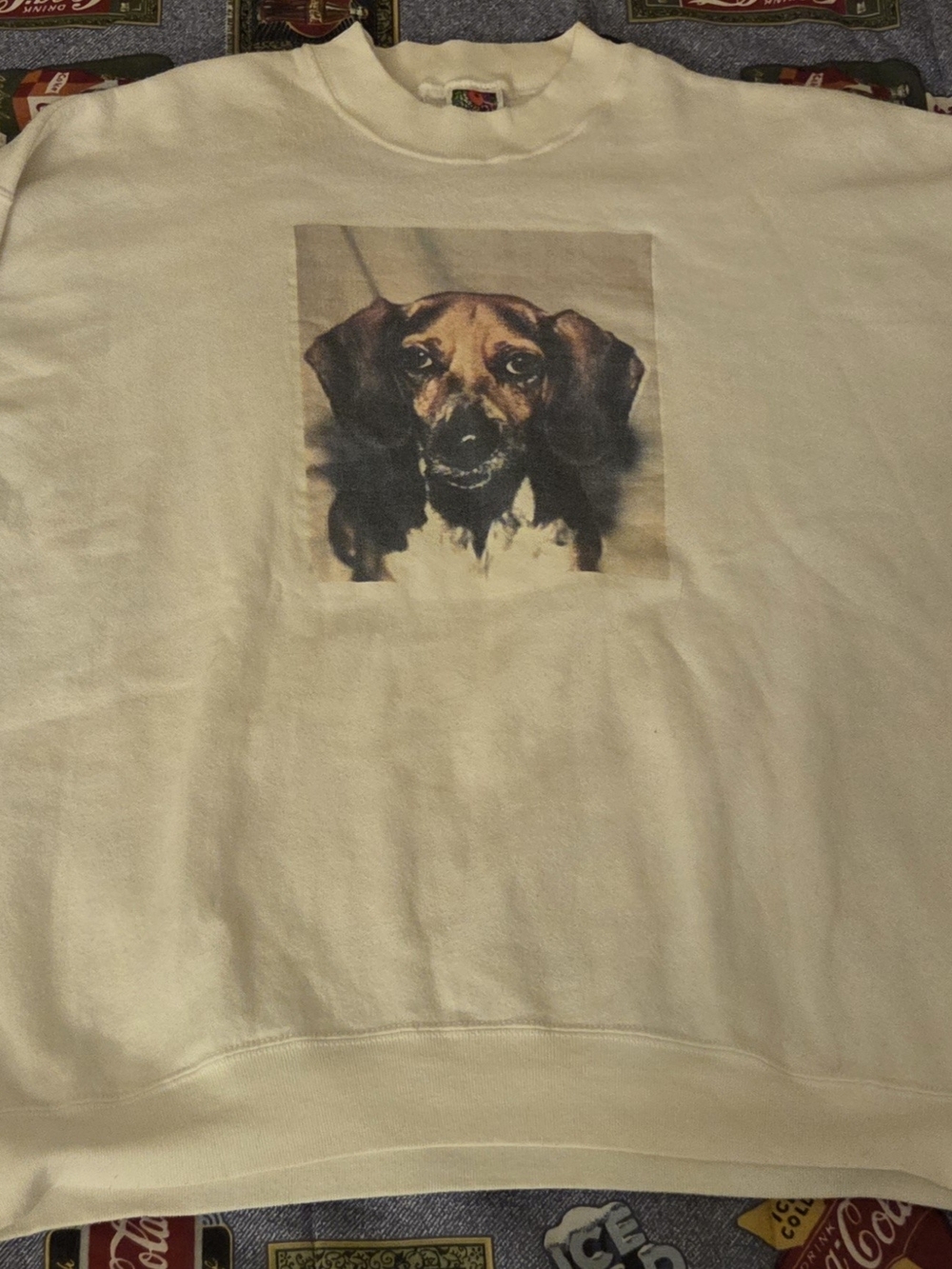 Vintage Cream Dog Print Crewneck Sweatshirt